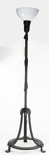 Arts & Crafts style wrought iron floor lamp w/ floral decoration, ht 56”