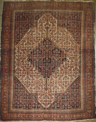 early 20th c Persian center medallion area rug, uneven wear, worn spots, 4' 4” x 6' 6”