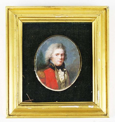 early 19th c English miniature portrait on board of red-coated gentleman w/ wig, oval 3.25” x 2.5”