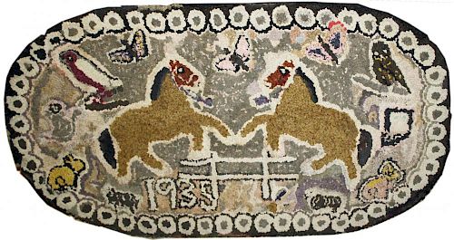 early 20th c hooked rug w/ 2 horses, rabbit, birds, insects, dated 1935 in pattern, 25” x 45”