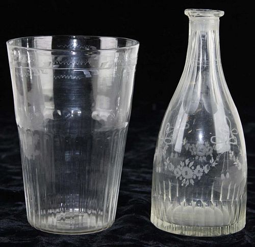 blown clear glass ribbed and etched Stiegel type flip glass tumbler and mallet form decanter 6.25" 7