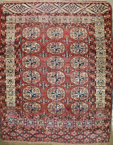 early 20th c Tekke area rug, 3 rows of 6 guls, 3' 8” x 3' 11”