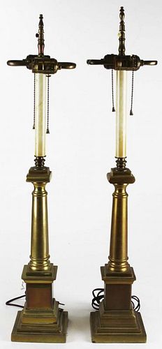 pr of mid 20th c tall brass table lamps, ht 31”