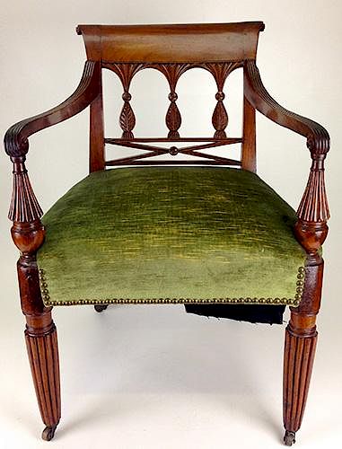 Pair of Sheraton mahogany reeded leg arm chairs, descending in the Hodges family of Salem, Mass. Cir