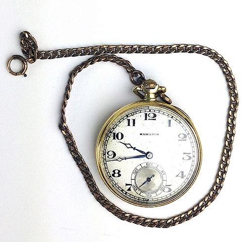14k y.g. Hamilton open face pocket watch with silvered face, Arabic numeral, secondhand dial. 17 jew