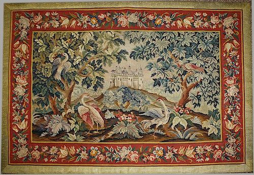 19 th c Aubusson wall hanging with petitepoint, gilt metallic thread border, 42” x 59”