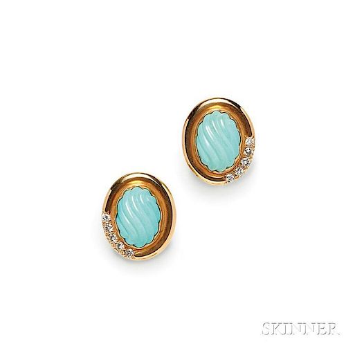 14kt Gold, Turquoise, and Diamond Earclips