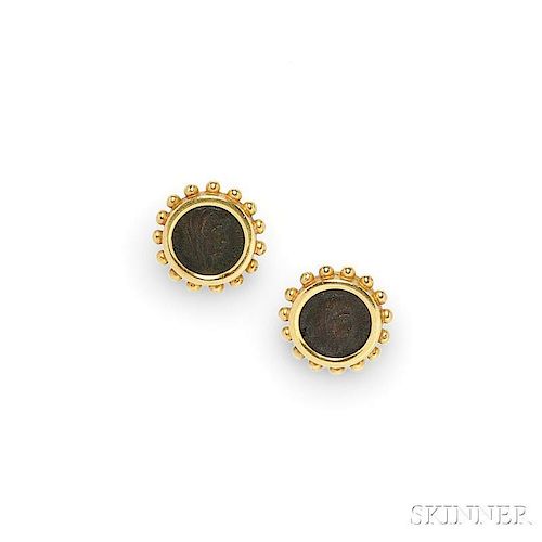 18kt Gold and Ancient Bronze Coin Earclips, Elizabeth Locke