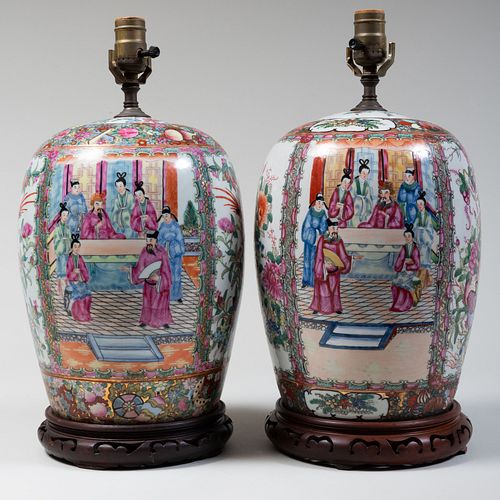 Pair of Chinese Export Rose Medallion Porcelain Ginger Jars Mounted as Lamps