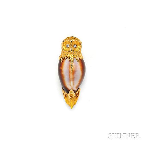 18kt Gold, Seashell, and Diamond Owl Brooch, Sterle