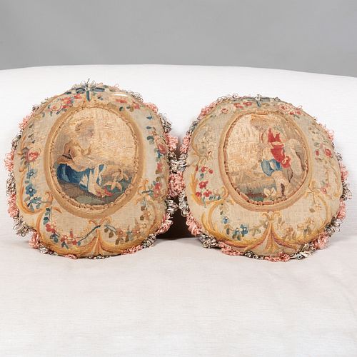 Pair of Oval Figural Needlepoint Pillows