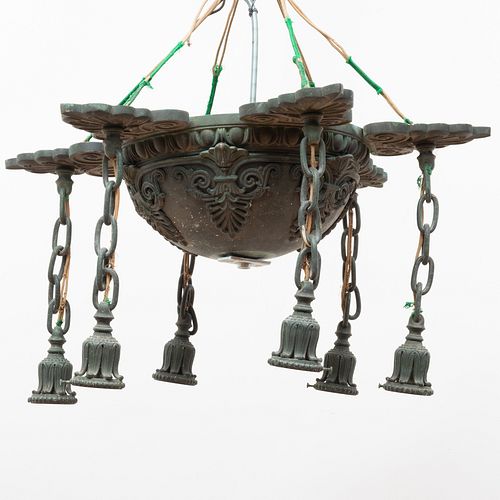 Regency Style Patinated-Metal Six-Light Chandelier with Hanging Lamps