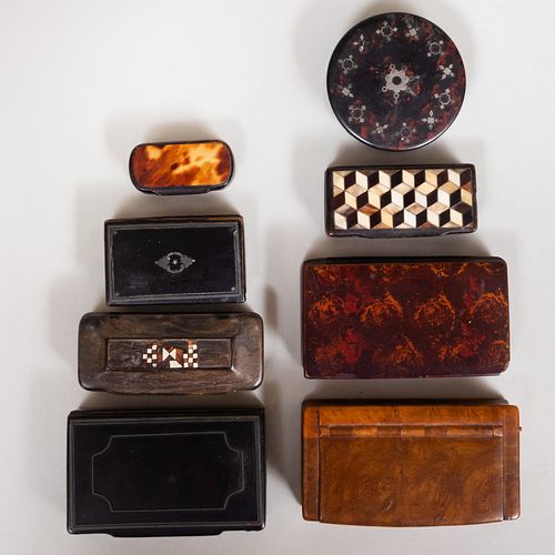 Group of Eight Wood and Horn Snuff Boxes