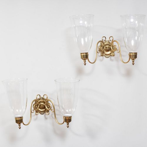 Pair of Brass and Glass Two-Light Wall Sconces