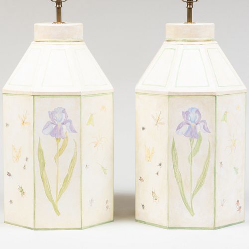 A Pair of Hexagonal TÃ´le Peinte Canisters Mounted as Lamps