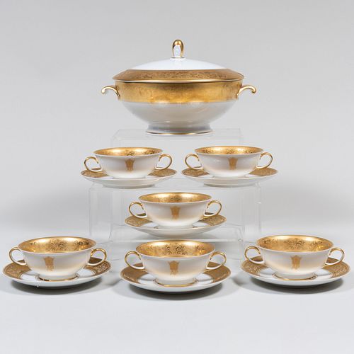 Set of Six Rosenthal Soup Bowls and Saucers and a Soup Tureen Decorated with Ashraf Pahlavi Crest