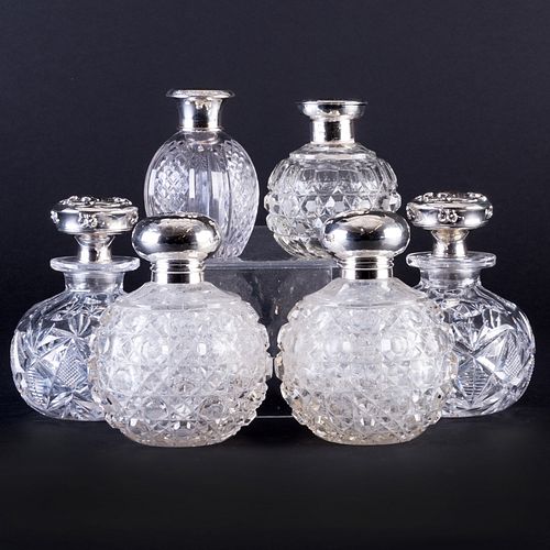 Group of Six Silver Mounted Cut Glass Scent Bottles