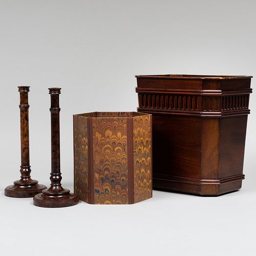 Pair of Faux Painted Candlesticks, a Stained Wood Wastebasket and a Marbleized Paper Wastebasket
