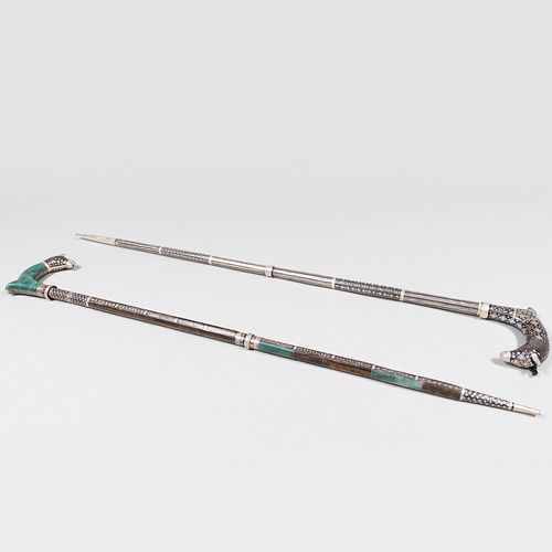 Two Indian Inlaid Metal and Hardstone Walking Sticks with Bull Head Handles