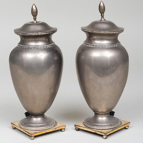 Pair of Pewter Vases and Covers Mounted as Table Lamps