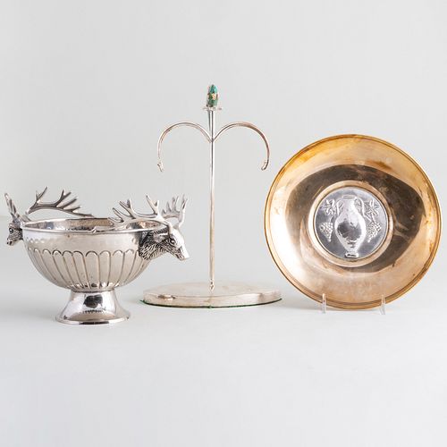 Lalaounis Inset Brass Dish, a Silver Plate and Hardstone Stand, and a Deer Handle Bowl