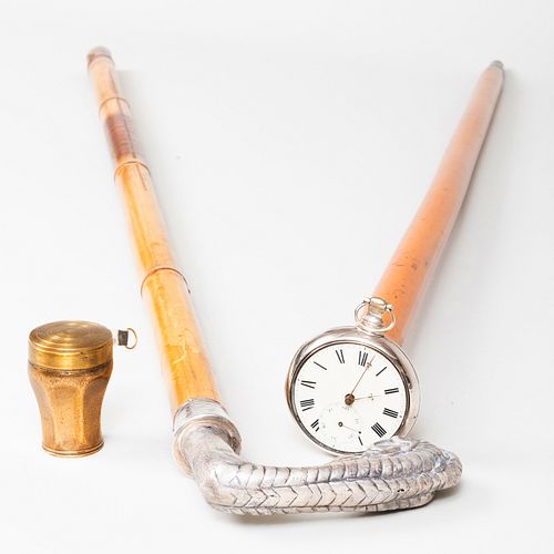 American Silver Claw Handle Walking Stick and an English Silver Pocket Watch Holder Walking Stick