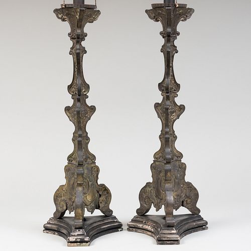 Pair of Baroque Style RepoussÃ© Metal Candlesticks Mounted as Lamps