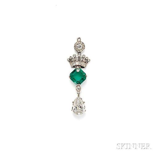 Edwardian Platinum, Emerald, and Diamond Pendant
