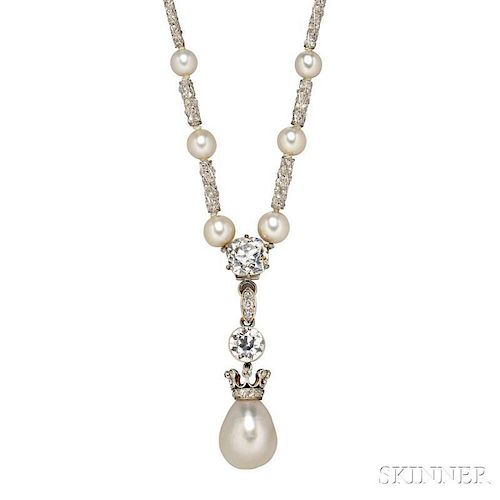 Edwardian Natural Pearl and Diamond Necklace