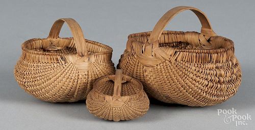 Three intricately woven split baskets, ca. 1900, largest - 4 1/4'' h., 5'' w.