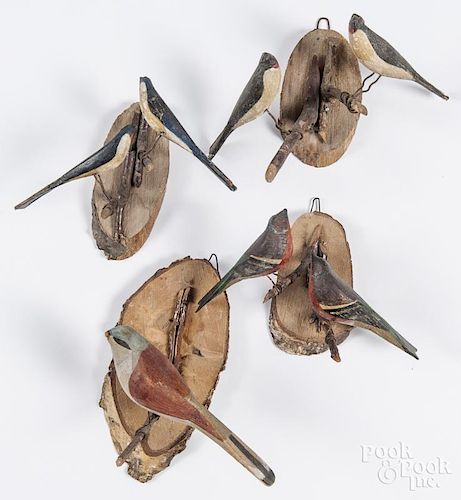 Four carved and painted song bird groups, early/mid 20th c., largest - 7'' h.