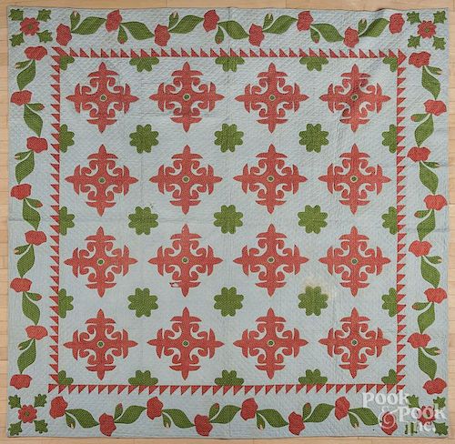 Red, green, and blue appliqué quilt, late 19th c., 83'' x 86''.