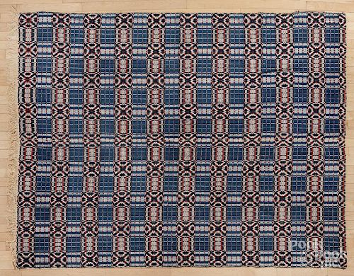 Red, white, and blue coverlet, mid 19th c., 71'' x 90''.