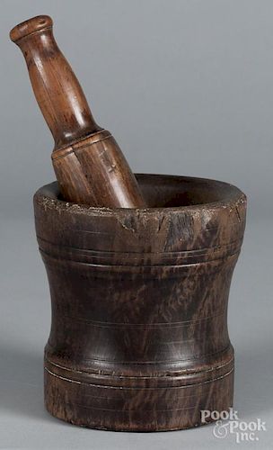 Turned mortar and pestle, 18th c., probably lignum vitae, 12 1/4'' h.