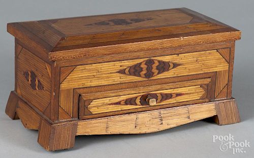 Parquetry and matchstick inlaid dresser box, ca. 1900, 6'' h., 12 3/4'' w.