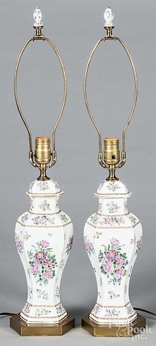 Pair of porcelain table lamps, in the Chinese export style, probably Samson, 12'' h.
