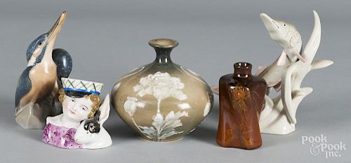 Five porcelain wares, to include a Royal Dux fish and a Utopian Owens vase, tallest - 6 3/4''.