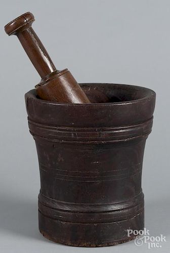 Large lignum vitae mortar and pestle, 18th c., 16 1/2'' h.