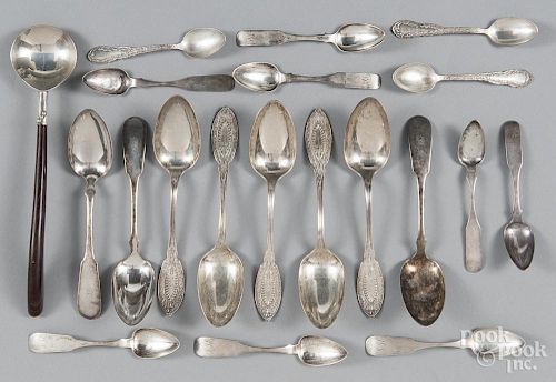 Sterling, coin, and plated silver spoons, to include examples by Reeves, Lower, etc., 15 ozt.