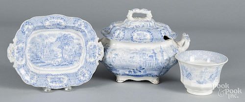 Blue Staffordshire, to include an Oriental tureen, 8'' h., 11 1/4'' w., an entrée dish