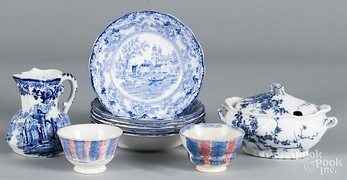 Six blue Staffordshire Togo bowls, together with a pitcher, a covered sauce tureen