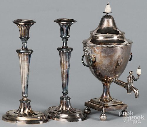 Sheffield plate hot water urn, 19th c., 14'' h., together with a pair of candlesticks, 12'' h.