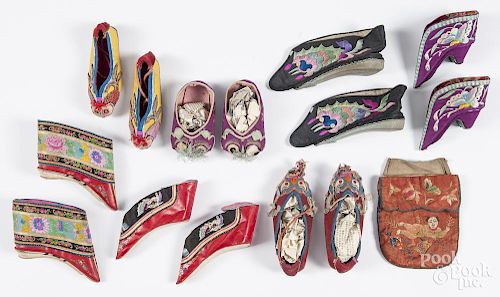 Twelve pairs of Oriental silkwork shoes, together with a silkwork pouch.