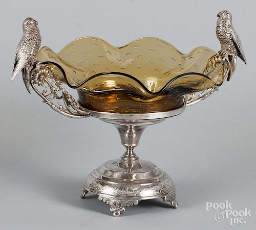 Silver-plate and amber glass centerpiece with bird handles, 10'' h., 13 1/2'' w.