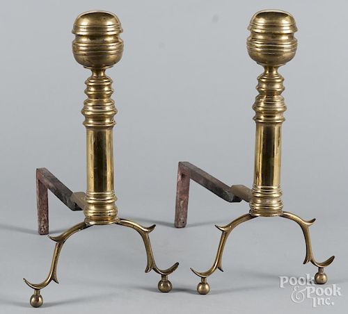 Pair of Federal brass andirons, 19th c., 16'' h.