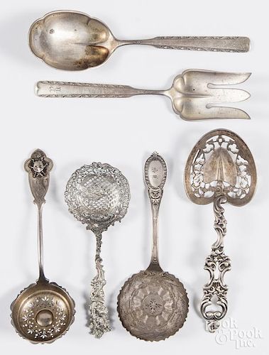 Six silver serving utensils, mostly sterling grade, 15.2 ozt.