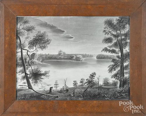American sandpaper drawing, 19th c., depicting a family cooking by a lake, 15 1/4'' x 20 3/4''.