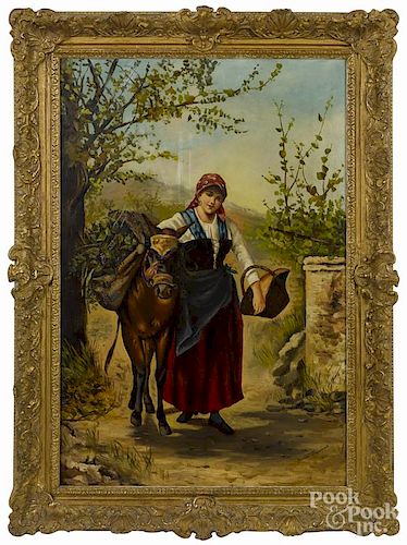 Oil on canvas of a peasant girl, dated 1896, signed Mona James, 36'' x 24''.