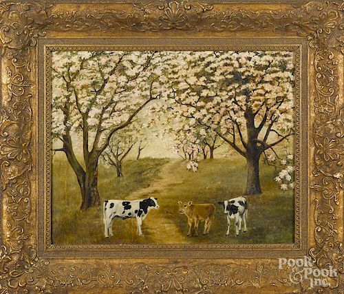 Oil on canvas landscape, early 20th c., with cows, 16'' x 20''.