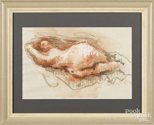 Moses Soyer (American 1899-1974), mixed media nude, signed lower right, 11'' x 16 1/4''.